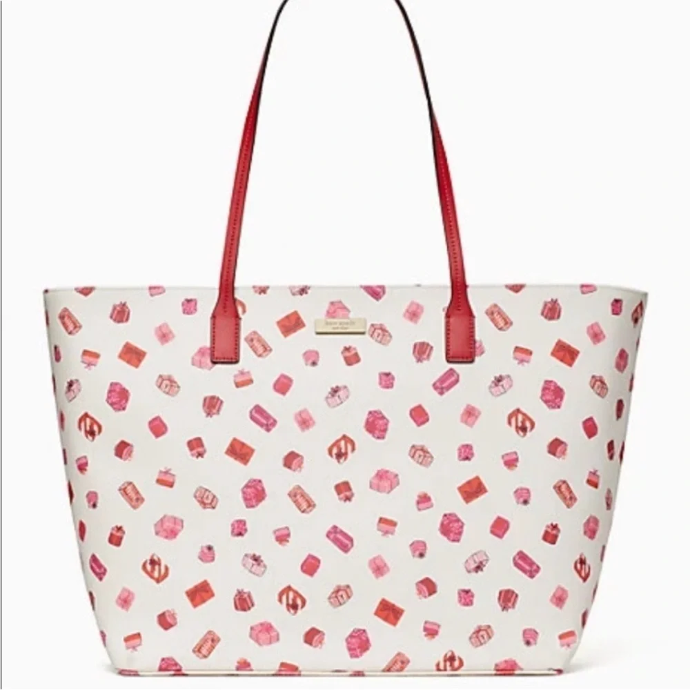 Kate Spade Red and Pink Gift Pattern Tote with Wristlet